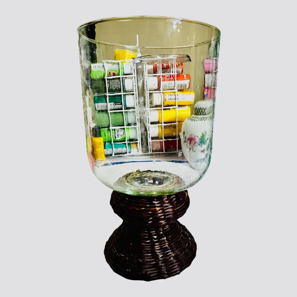 Hurricane Style Candle Holder with Wicker Base Stylish Basket Clear Glass